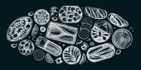 Hand drawn canned fish illustrations collection. Sardines, anchovy, mackerel, tuna, mussels in tin cans, fish canapes, olives, crackers and lemons sketches set on chalkboard. Table view design